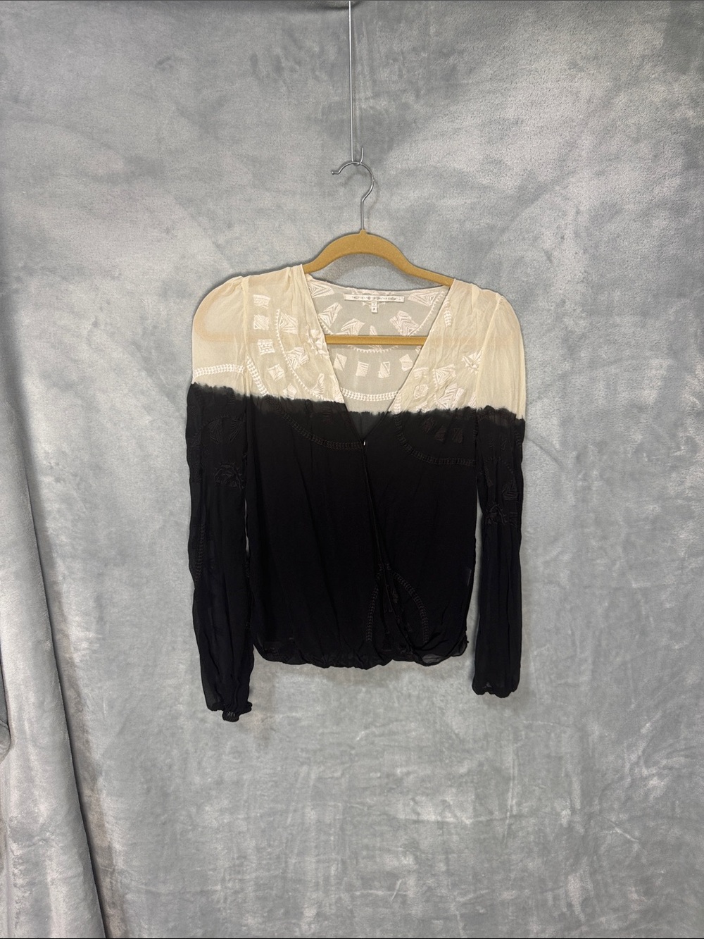 Twelfth Street by Cynthia Vincent Black and Cream V-Neck Embroidered Blouse